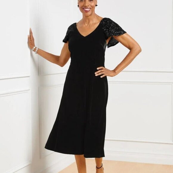 NWT Talbots Sequin Sleeve Black Velvet Fit n Flare Dress Size 6 - Picture 1 of 16